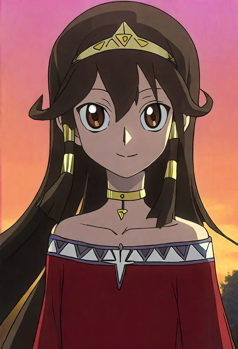 <lora:quartet-illustrious2:1> masterpiece ,1girl, happy, looking at viewer, smile, sunset, flowing hair, outdoors, <lora:Sera IL:1> sera,solo,1girl,long hair,hair tubes,brown eyes,hairband,brown hair,jewelry,bare shoulders,tiara,collarbone,choker,bracelet,dress,red dress,black hair,neck ring,upper body