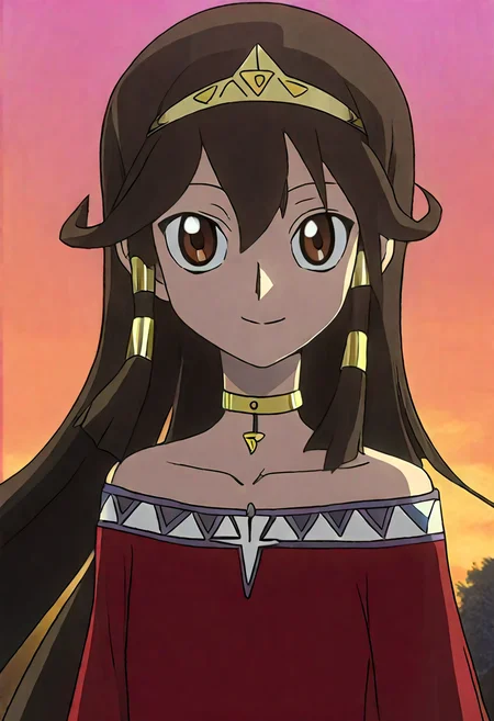 <lora:quartet-illustrious2:1> masterpiece ,1girl, happy, looking at viewer, smile, sunset, flowing hair, outdoors, <lora:Sera IL:1> sera,solo,1girl,long hair,hair tubes,brown eyes,hairband,brown hair,jewelry,bare shoulders,tiara,collarbone,choker,bracelet,dress,red dress,black hair,neck ring,upper body