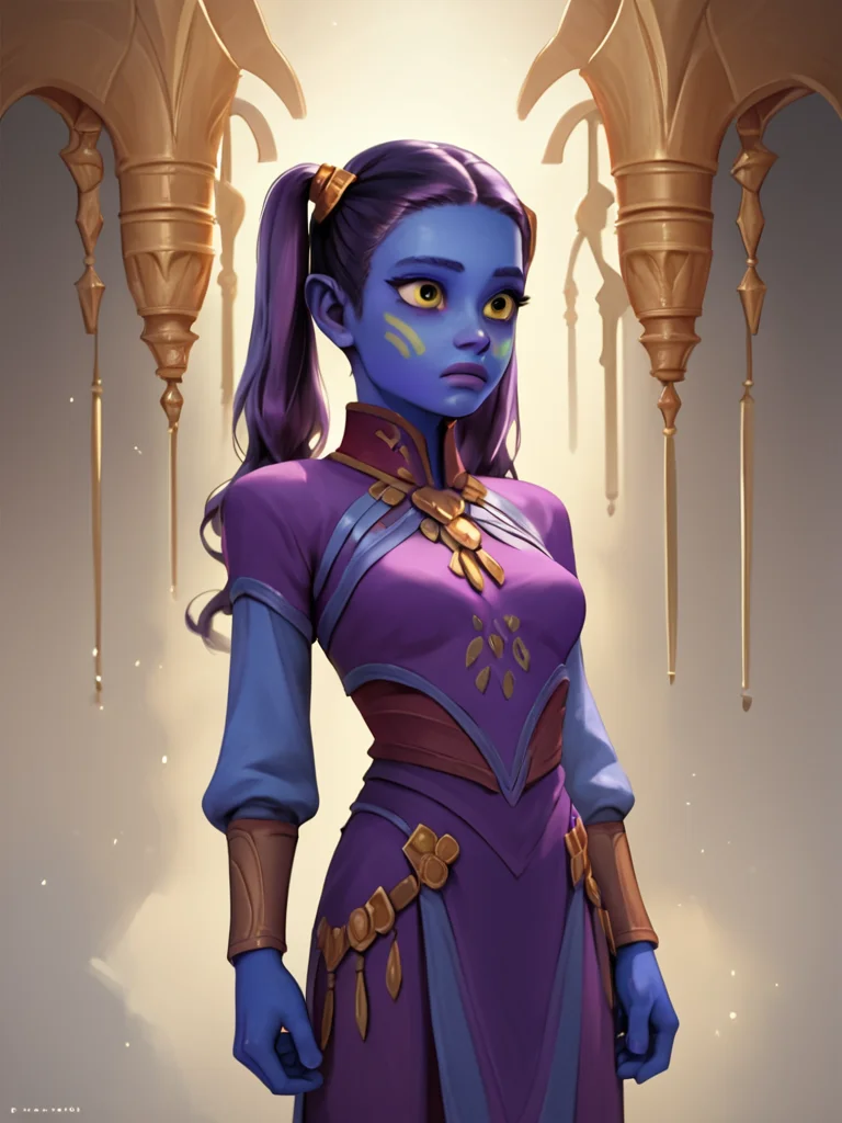 score_7_up, score_8_up, score_9, masterpiece, (1girl, solo,)perfect face, perfect hands, high quality, source_anime, cowboy shot, <lora:Riyo_Chuchi_-_Star_Wars:1>riyochuchi, colored skin, blue skin, purple hair, twintails, yellow eyes, medium breasts, long hair, purple skin