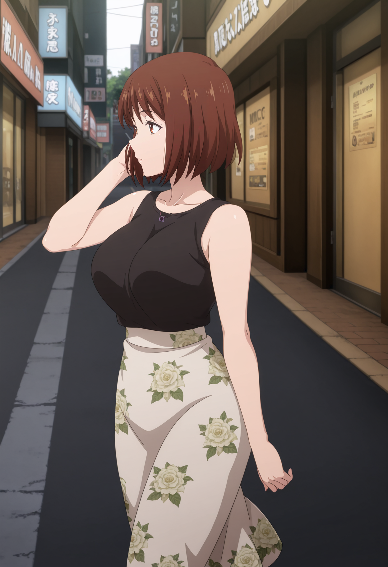 1girl,solo,mm,mature female,short hair,brown hair,brown eyes,large breasts,anime coloring,
black tank top,black shirt,sleeveless,floral print,skirt,outdoors,street,walking,hand in own hair, 
,masterpiece,best quality,amazing quality,<lora:Rie_Sekiguchi-Jimihen:0.8>
