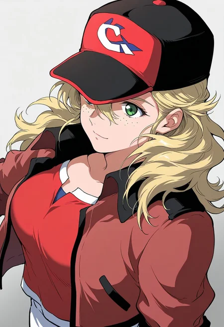 masterpiece, best quality, good quality, kay nimrod, freckles, green eyes, brond hair, long hair, jacket, cap,