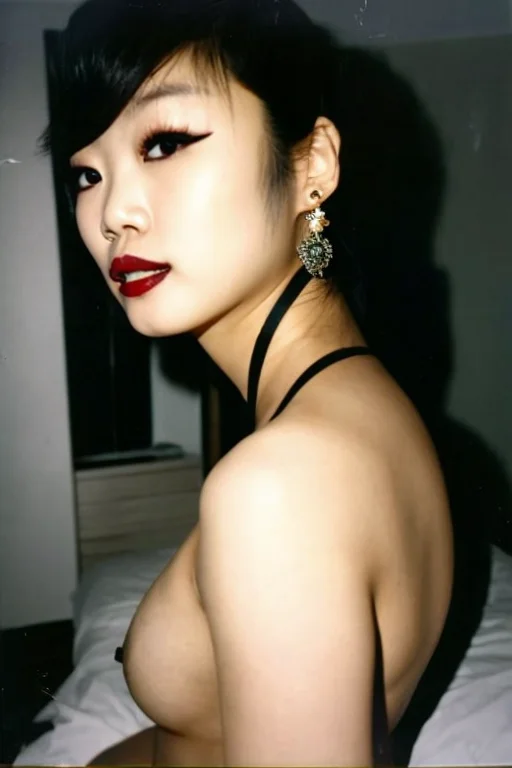(blurry),a polaroid photo without a frame,Polaroid SX-70,reddit,r/AsiansGoneWild, ,Photos of a beautiful chinese idol,face,Detailed pupils,From front,Detailed eyes and looking at viewer,collar, earrings, jewelry,lips,sexual innuendo,temptation,sexy,bedroom,<lyco:pornpolaroidphoto-proV1:0.7>,face close up