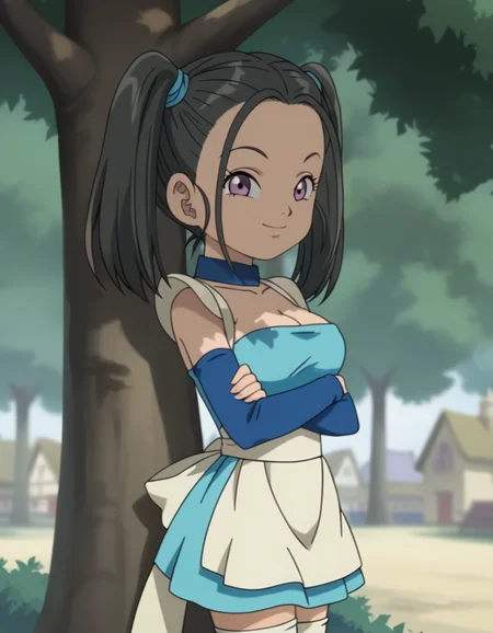 score_9, score_8_up, score_7_up, anime screencap, boubd, blue choker, strapless dress, white apron, detached sleeves, white thighhighs, solo, cowboy shot, from side, looking at viewer, closed mouth, smile, leaning back, against tree, crossed arms, outdoors, tree, tree shade, town in distance, blurry background