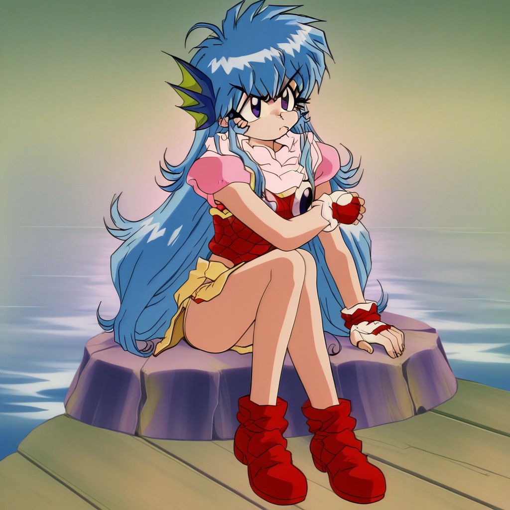 1girl,solo,head fins,scarf,purple eyes,long hair,blue hair,armor,fingerless gloves,skirt,red footwear,sitting,pout,lake background,1990s (style)