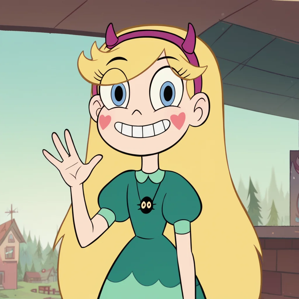 score_9, score_8_up, score_7_up, 1girl, StarButterfly, blonde hair, long hair, blue eyes, hairband, fake horns, horned headwear, heart, flat chest, narrow waist, wide hips, looking at viewer, smile, waving, highres, high quality, masterpiece, <lora:Star_Butterfly:1>