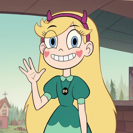 score_9, score_8_up, score_7_up, 1girl, StarButterfly, blonde hair, long hair, blue eyes, hairband, fake horns, horned headwear, heart, flat chest, narrow waist, wide hips, looking at viewer, smile, waving, highres, high quality, masterpiece, <lora:Star_Butterfly:1>