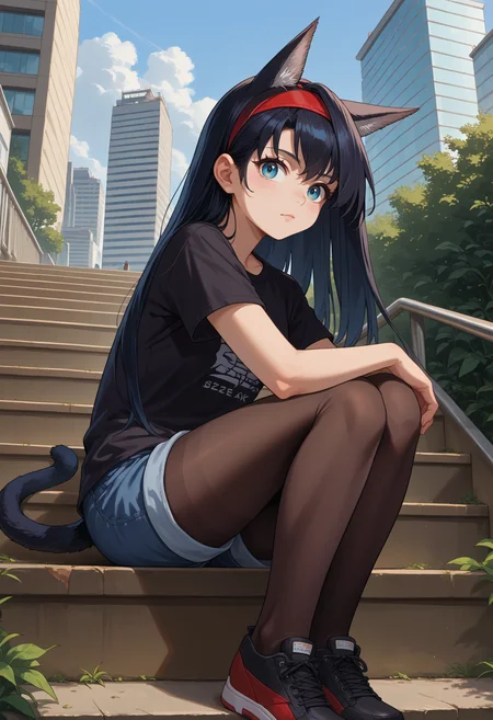 score_9, score_8_up, source_anime, 1girl, solo, BlazeAK, blue eyes, black hair, long hair, animal ears, tail, red hairband, t-shirt, black shirt, denim shorts, pantyhose under shorts, sitting, stairs, outdoors, city, <lora:ChamBlazePonyXL:1>