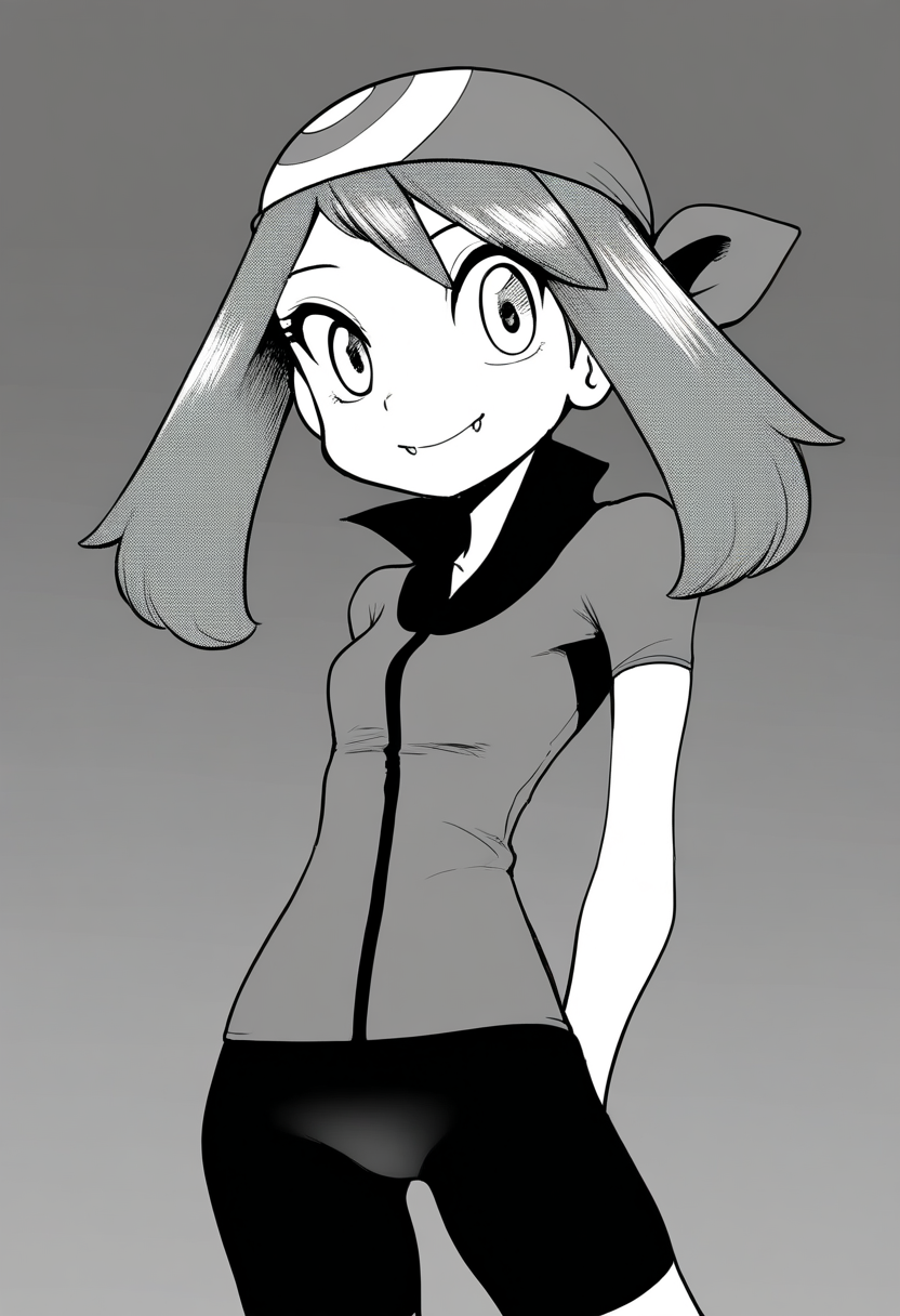 best quality, amazing quality, very aesthetic, absurdres,
greyscale, monochrome,
1girl, may \(pokemon\), bandana, fangs, bike shorts,
arms behind back, smile, standing, looking at viewer, solo,    <lora:PokemonAdventuresNoobLocon_byKonan:1>