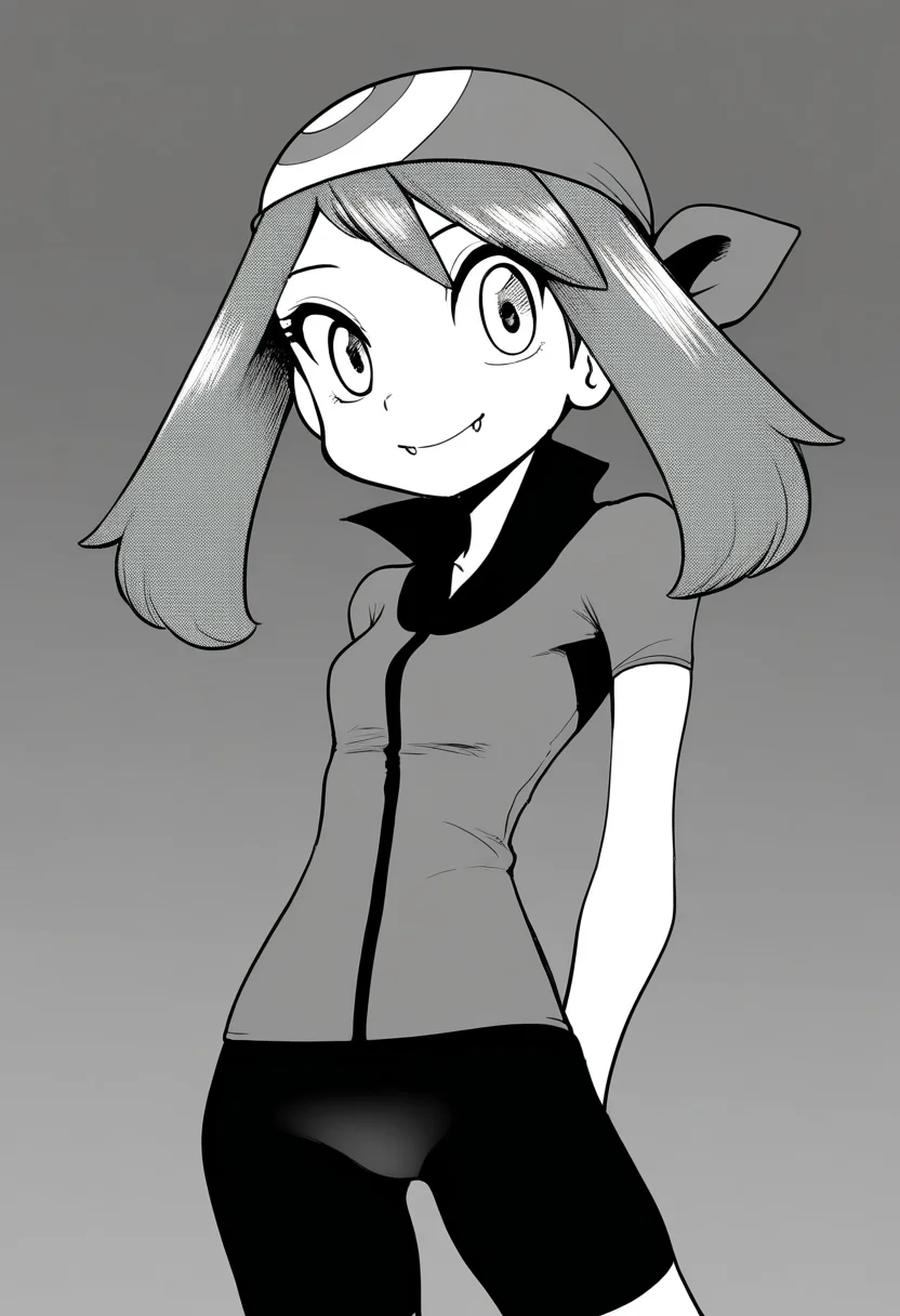 best quality, amazing quality, very aesthetic, absurdres,
greyscale, monochrome,
1girl, may \(pokemon\), bandana, fangs, bike shorts,
arms behind back, smile, standing, looking at viewer, solo, <lora:PokemonAdventuresNoobLocon_byKonan:1>