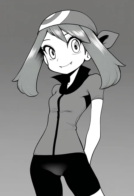 best quality, amazing quality, very aesthetic, absurdres,
greyscale, monochrome,
1girl, may \(pokemon\), bandana, fangs, bike shorts,
arms behind back, smile, standing, looking at viewer, solo, <lora:PokemonAdventuresNoobLocon_byKonan:1>