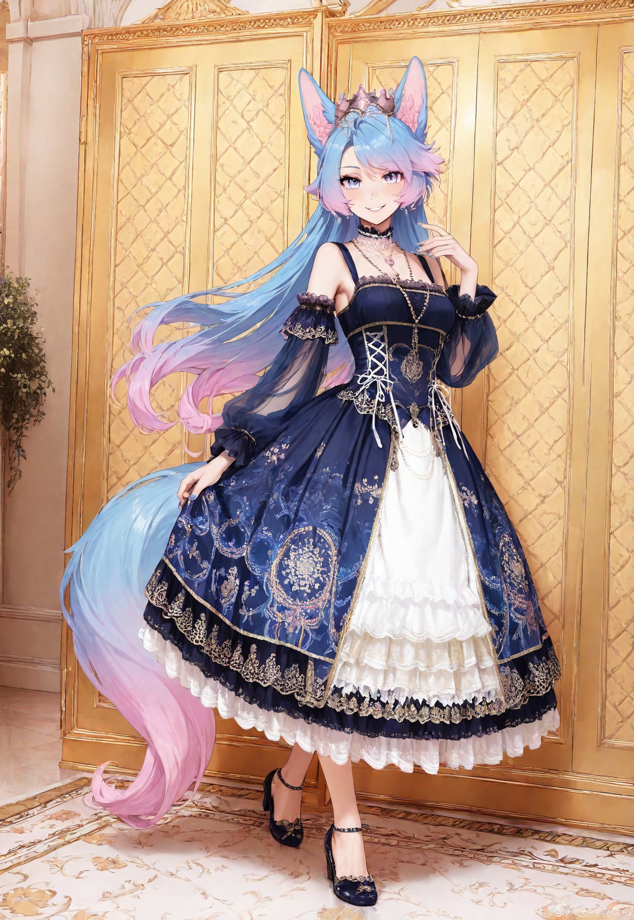 masterpiece, best quality, good quality, very aesthetic, absurdres, detailed eyes,
BREAK
silvervale, fox ears, tail, gradient hair, multicolored hair, blue hair, pink hair, blue eyes, medium breasts,
BREAK
Seductive Smile,
BREAK
cxzg, cyan dress,tiara,detached sleeves,jewelry,necklace,frills,lace,cross-laced clothes,crown,
BREAK
Walking down the halls of a palace, next to a decorated wall, intricate carpet on the floor,