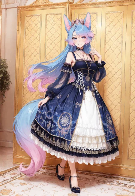 masterpiece, best quality, good quality, very aesthetic, absurdres, detailed eyes,
BREAK
silvervale, fox ears, tail, gradient hair, multicolored hair, blue hair, pink hair, blue eyes, medium breasts,
BREAK
Seductive Smile,
BREAK
cxzg, cyan dress,tiara,detached sleeves,jewelry,necklace,frills,lace,cross-laced clothes,crown,
BREAK
Walking down the halls of a palace, next to a decorated wall, intricate carpet on the floor,