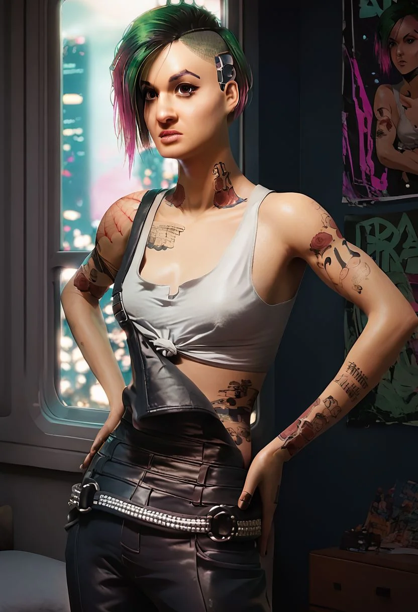 Score_9_up, score_8_up, score_7_up, 1girl, solo, judy alvarez, multicolored hair, green hair, pink hair, brown eyes, tattoo, overalls, tank top, hands on hips, bedroom, cyberpunk, window