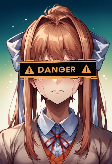 score_9, score_8_up, score_7_up, source_anime, 1girl, DangerCensor, identity censor, <lora:DangerEyeCensor_XLPD:1>, monika \(doki doki literature club\), upper body, crying, glitch,