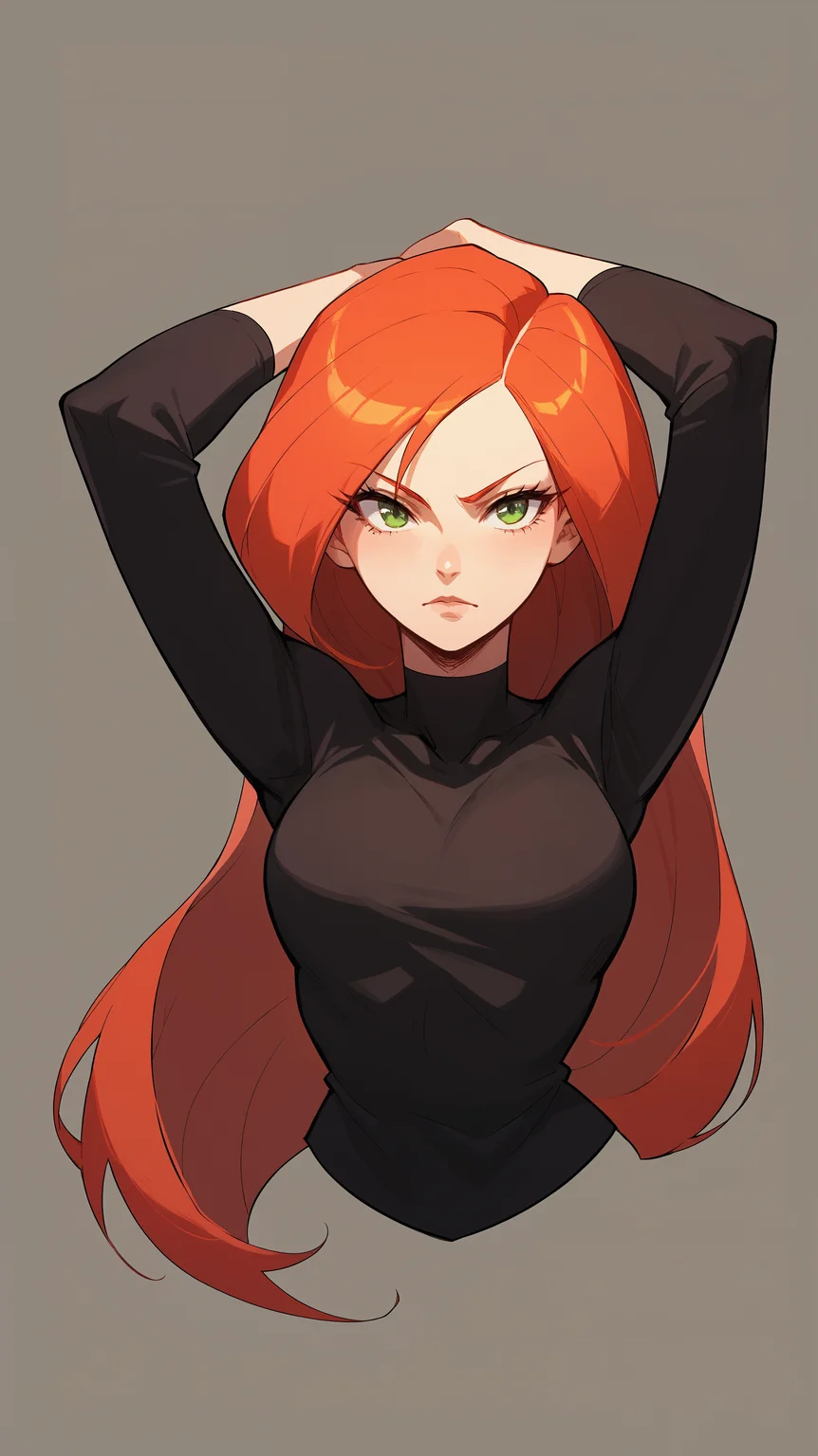 score_9,score_8_up,score_7_up,score_6_up, source_anime, girl, dynamic pose, hands above her head, <lora:Crestyle_epoch_9:0.7>, crestyle, artstyle, kim possible \(series\), simple background, upper body, portrait, red hair, long hair, black top, green eyes, bust,