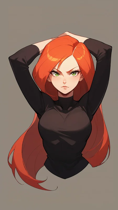score_9,score_8_up,score_7_up,score_6_up, source_anime, girl, dynamic pose, hands above her head, <lora:Crestyle_epoch_9:0.7>, crestyle, artstyle, kim possible \(series\), simple background, upper body, portrait, red hair, long hair, black top, green eyes, bust,