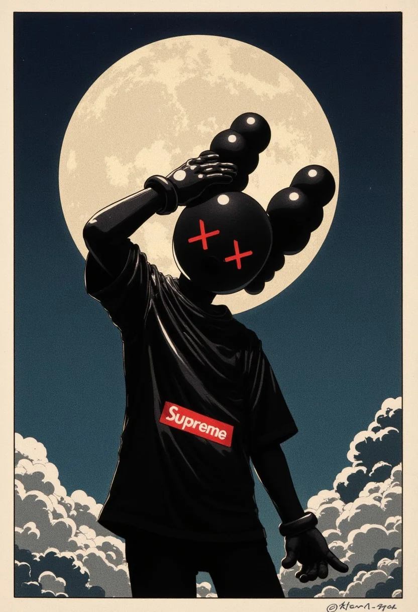 4si4n kaws, It depicts a scene of kaws wearing a black shirt that has the "SUPREME" logo on it, posing with the moon behind, poster from the series Fifty-Three Stations of the Tokaido by Utagawa Kunisada Toyokuni III/Kunisada III. epic, masterpiece composition, movement,