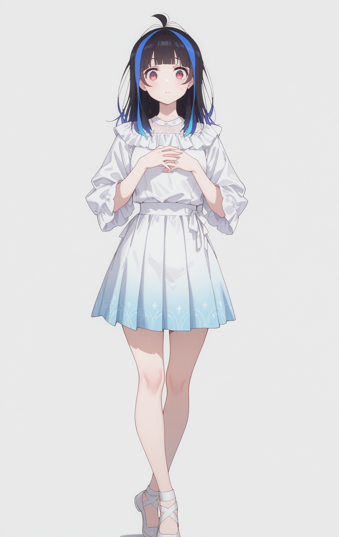 masterpiece,best quality,newest,absurdres,highres,
front view,full_shot,Wide-eyed wonder,looking_at_viewer,
<lora:YaemoriMiniCYQL:1>,YaemoriMiniCYQL,1girl,solo,black hair,blue hair,long hair,blunt bangs,antenna hair,streaked hair,multicolored hair,red eyes,flare sleeve blouse, pleated skirt, ballet flats, long necklace,
full body,standing,hands_on_own_chest,,
darkslategray background,simple background,
<lora:ponyv4_noob1_2_adamW:0.7>,<lora:spo_sdxl_10ep_4k-data_lora_webui:0.6>,<lora:USNR STYLE_XL_lokr:0.45>,<lora:illustrious_all_rated_v1:0.7>,<lora:96YOTTEA-WAI:0.8>,