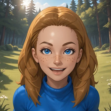 score_9, score_8, BREAK, solo, wii, mii, dark blonde hair, blue eyes, freckles, open mouth, dark blue clothing, 1girl, black pants, breasts, Abby_(Wii_Sports), wii sports, female mii, 1girl, cute, shoes, nintendo mii, modern_mii, classic_mii, sexy pose, smile, outdoors, sunlight, shadows, evening lighting, natural lighting, forest, trees, grass, orange sky, sunset