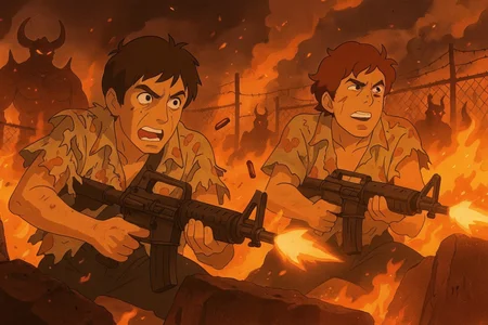 Studio Ghibli–style Japanese animation still, Tony Montana and Manny from Scarface unleashing gunfire in the flaming refugee camp where their American dream began, open floral shirts tattered and swirling, bullet casings glinting in midair, crouched behind scorched barriers, medium shot, low-angle perspective, setting: a hell-reimagined Miami Refugee Holding Camp with demonic guards and rusted metal fencing glowing from infernal heat, mood of brotherhood forged in chaos, lighting cast in volcanic oranges and smoke-diffused reds, color theme of scorched copper, ember gold, and ash gray, style reference: Scarface: Inferno Rising meets Nausicaä of the Valley of the Wind combat grit
