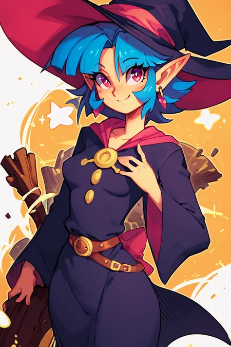 score_9, score_8_up, score_8, medium breasts, (curvy), cute, eyelashes, BREAK, , zzIrene, pointy ears, short hair, blue hair, witch hat, witch, earrings, long robe, <lora:IreneZelda_PDXL:0.8>, , BREAK, wide hips, smile, looking at viewer, cowboy shot, ,,, embedding:zPDXL, Expressiveh, ,,, <lora:SweetCAT_PDXL:1.0>, <lora:SDXLFaeTastic2400:0.5>, <lora:Expressive_H-000001:0.4>,