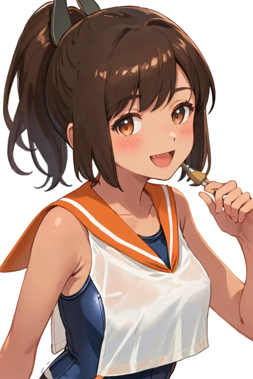 best quality, masterpiece, highres, solo, {i_401_kantaicollection:1.15}, brown_hair, ponytail, brown_eyes, short_hair, tan, swimsuit, school_swimsuit, blush, short_ponytail, hair_ornament, one-piece_swimsuit, smile, open_mouth, 1girl, hairclip, looking_at_viewer, orange_sailor_collar, sailor_collar, shirt, simple_background, sleeveless, sleeveless_shirt, upper_body, white_background, swimsuit_under_clothes, portrait