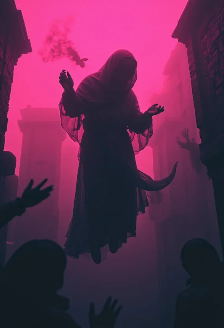 nelisty, A dark, ethereal lich spirit floats in a haunting void, its form barely visible, flickering with desaturated Neon Pink/blue/Red/Green hues. Its ghostly figure, shadowy and graceful, exudes an eerie, ancient energy. Wisps of darkness swirl around the spirit, shimmering with faint traces of arcane magic. Its texture appears almost spectral, with tendrils of black mist spiraling from its form. The surrounding space feels ominous and otherworldly, as if this spirit has long transcended life. Its hollow gaze pierces through the darkness, cold and distant, exuding a powerful, foreboding presence that sends shivers down the spine. The scene is filled with a sense of mystery and dread, as if this otherworldly being holds secrets from beyond the grave, an embodiment of ancient sorcery and untold power. ethdysty, neon-mist