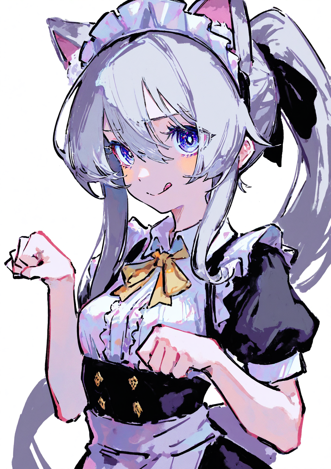 masterpiece, best quality, very aesthetic BREAK kiato, (ciloranko:.7), dino \(dinoartforame\), horror \(theme\), gritty, colorful, faux traditional media, painting \(medium\) BREAK elaina \(majo no tabitabi\), maid, cat ears, 1girl, solo, blue violet eyes, gray hair, very long hair, :q, paw pose, small breasts, bangs, hair between eyes, white background, maid headdress, high ponytail, sidelocks
<lora:noob05-kiato-unet only-feb18-step00002464:1>