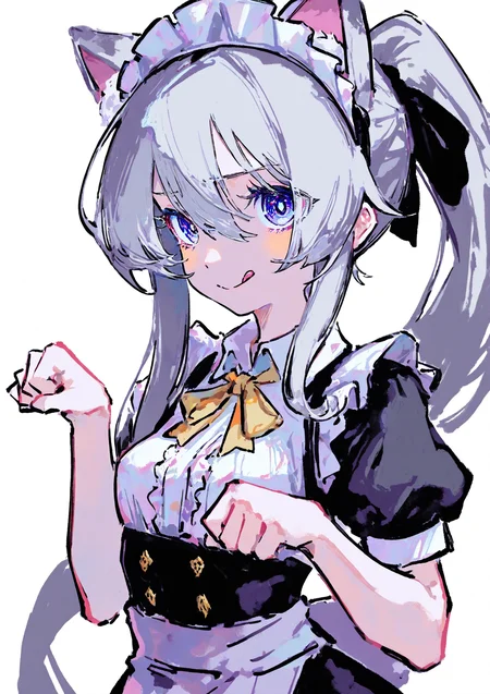 masterpiece, best quality, very aesthetic BREAK kiato, (ciloranko:.7), dino \(dinoartforame\), horror \(theme\), gritty, colorful, faux traditional media, painting \(medium\) BREAK elaina \(majo no tabitabi\), maid, cat ears, 1girl, solo, blue violet eyes, gray hair, very long hair, :q, paw pose, small breasts, bangs, hair between eyes, white background, maid headdress, high ponytail, sidelocks
<lora:noob05-kiato-unet only-feb18-step00002464:1>