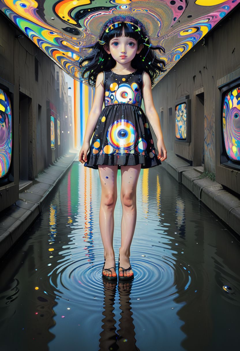 lost painting by Gustav Klimt during his vibrant cathode ray tube static period. The painting depicts a young girl walking on a pond made of light at the center of a brutalist city, her head refracted by a prism into flowing static.