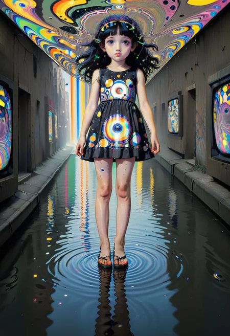 lost painting by Gustav Klimt during his vibrant cathode ray tube static period. The painting depicts a young girl walking on a pond made of light at the center of a brutalist city, her head refracted by a prism into flowing static.