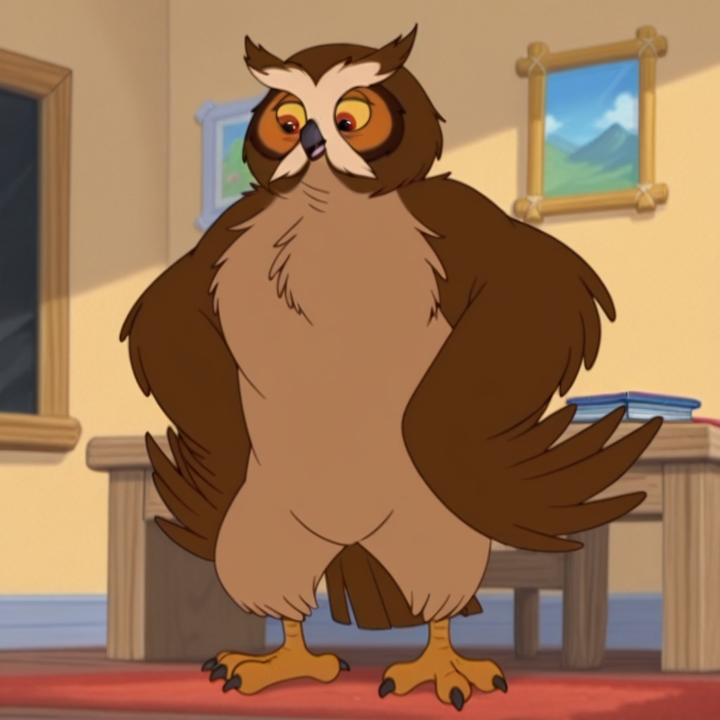 masterpiece, best quality, amazing quality, mrowlfrnklnil, semi-anthro, male owl, brown feathers, red eyes, yellow sclera, talons, winged arms, standing, inside, hands on hips , <lora:33490a18-6cd0-4127-acdb-21d6350a6243:1.0>