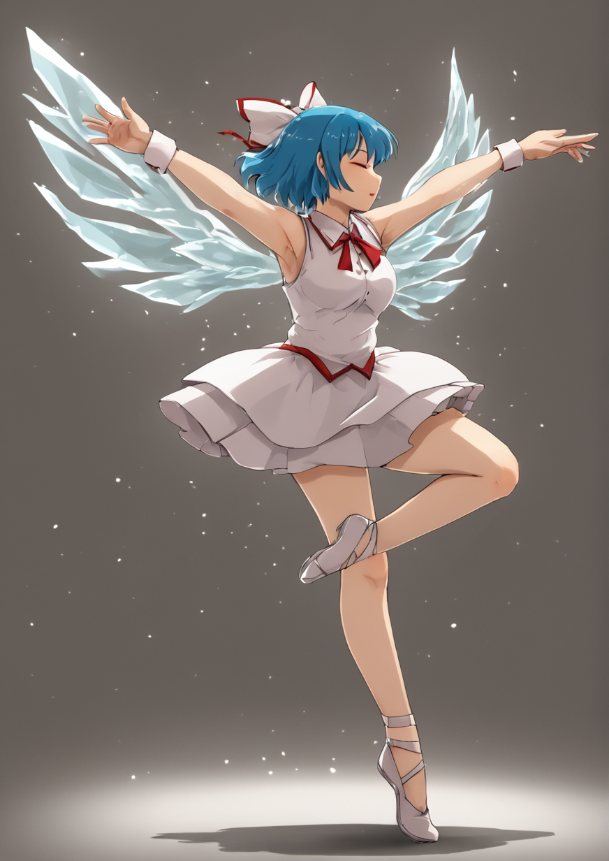 1girl, cirno, huge breast, ballet, blue hair, bow, chromatic aberration, closed eyes, dancing, dark, dress, hair bow, ice, ice wings, jumping, light particles, neck ribbon, outstretched arms, pale skin, pose, profile, ribbon, shadow, short hair, solo, standing, standing on one leg, wings, <lora:nice_tackãã¤ã¹å®:1>