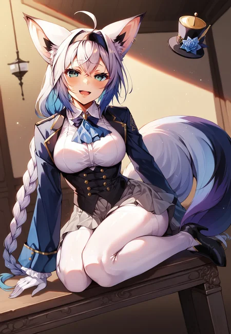 safe_pos, safe_pos, safe_pos, safe_pos, safe_pos, safe_pos, score_9, score_8_up, score_7_up, score_6_up, masterpiece, source_anime, high quality, perfect face, detailed eyes, perfecteyes, perfect balance, detailed face, perfect lighting, detailed background, uncensored, newest, absurdres, highres, very aesthetic, indoor, dining room, grand table, windows, night,
uncensored,
fubuki, white hair, single side braid, ahoge, piercing, fox tail,
fubuki_elegant, braided ponytail, blue coat, blue ascot, corset, collared shirt, grey skirt, frilled skirt, white pantyhose, white gloves, mini top hat, hairband, blue rose, white hair, piercing, fox tail,
1girl, solo, open mouth, smile, large breasts, pleasured, full body, long legs, larger female, tall female, looking at viewer, long calves, long legs, thin thighs, tall_girl,long_legs, boots, long boots, lace-up boots, leather boots, heeled boots, sitting on table, half closed eyes, naughty face, multicolored hair, low angle