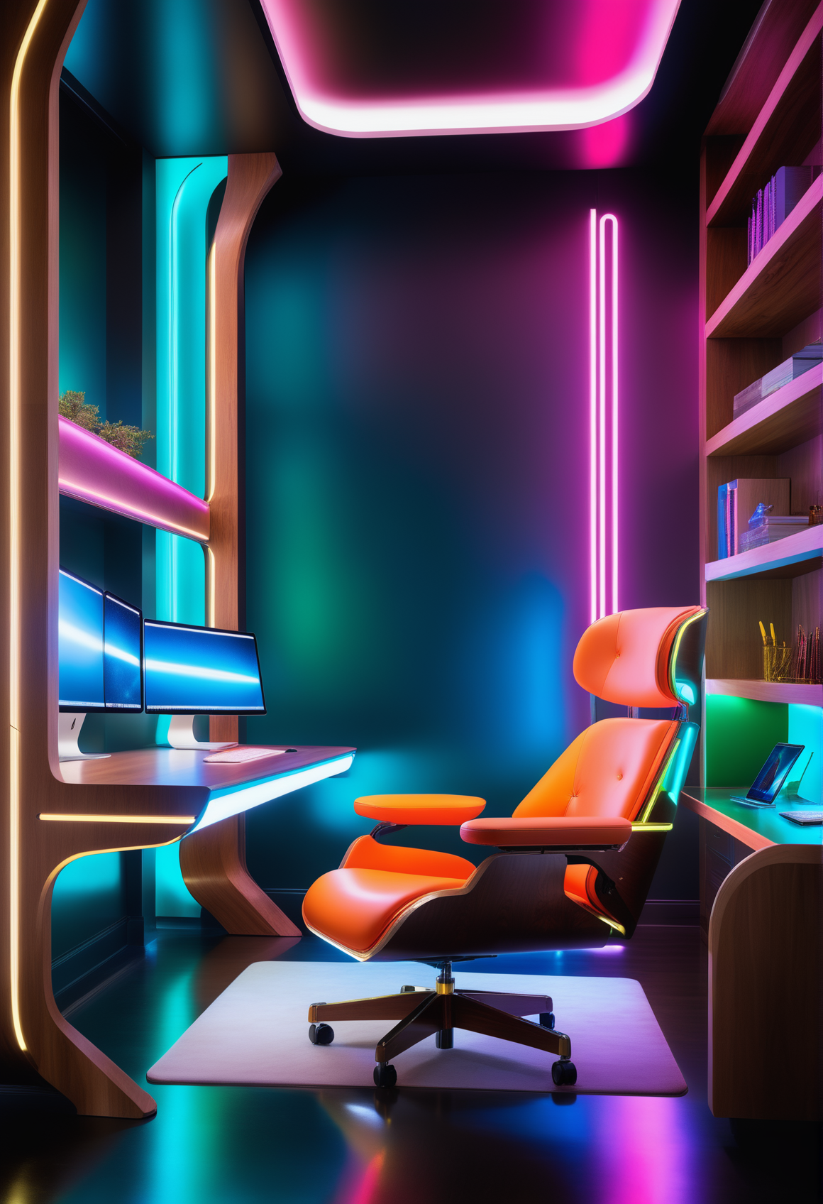 masterpiece, high quality,, a reij study room, neon color and ambient neon light, birch wood details, chairs and table <lora:reij-neonelegance:0.7>
