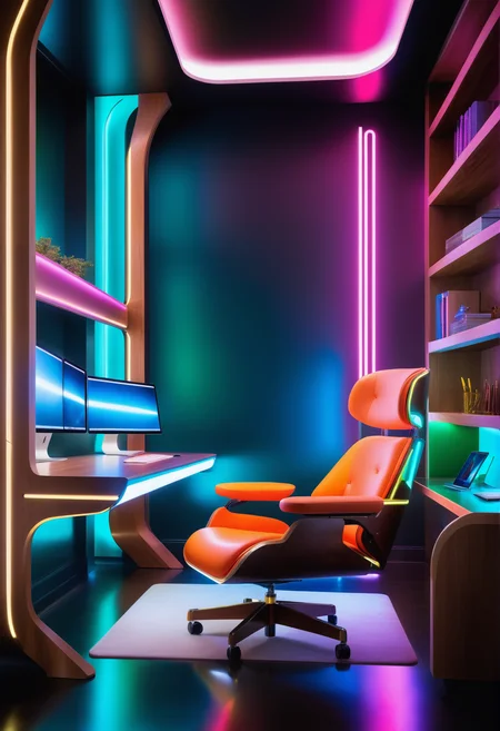 masterpiece, high quality,, a reij study room, neon color and ambient neon light, birch wood details, chairs and table <lora:reij-neonelegance:0.7>