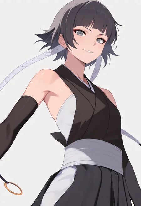 masterpiece, best quality, very aesthetic, absurdres,
1girl, soifon, short hair with long locks, black hair, grey eyes, braid,
black japanese clothes, (black hakama:1.3), detached sleeves,
upper body, smile, solo, looking at viewer, simple background, white background <lora:SoifonNoobXL_byKonan:1>