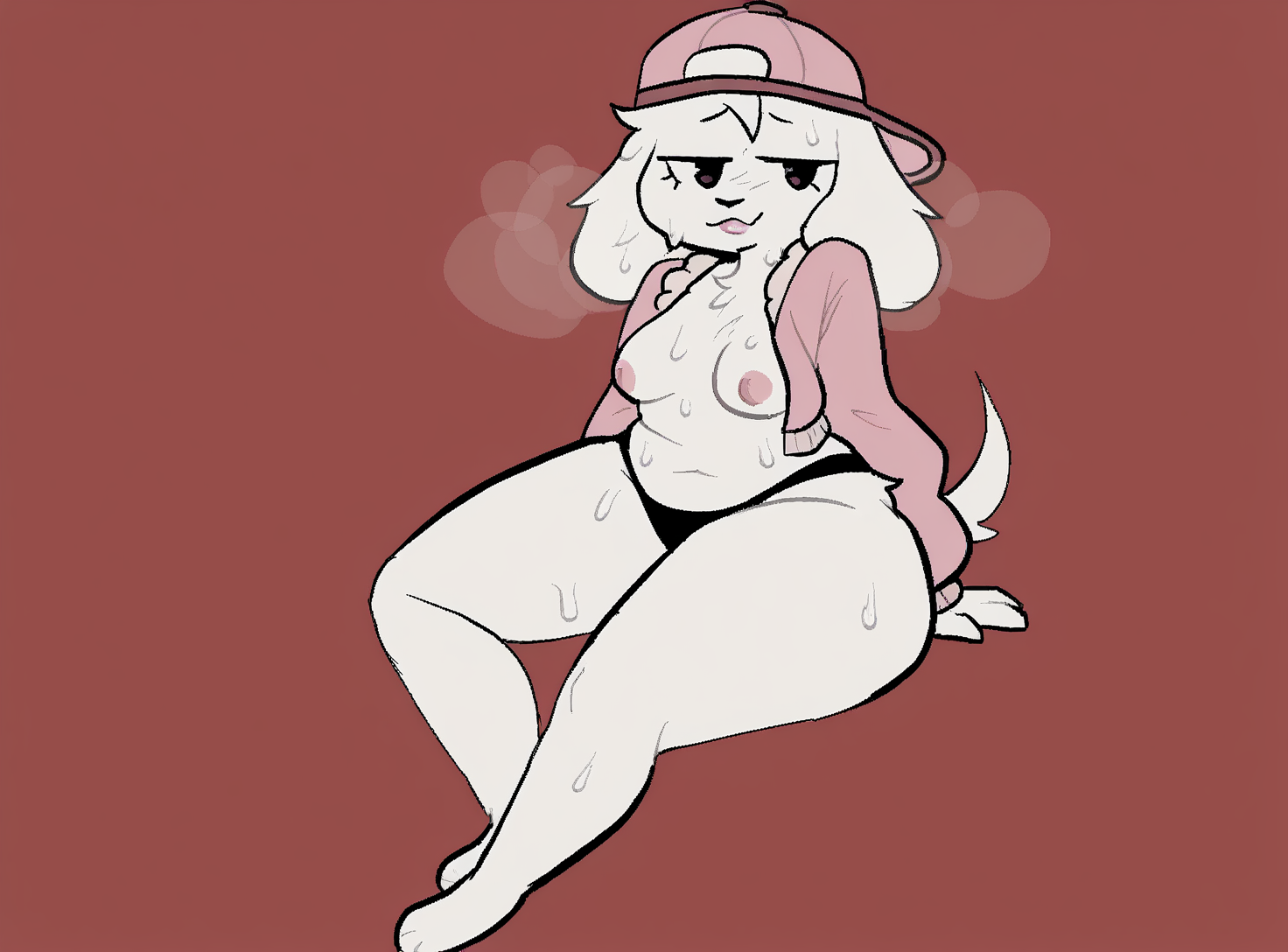 <lora:Clementyne_Style_Illustrious:1>, clementyne, aliasing, low quality, dog girl, white fur, floppy ears, loose pink bomber jacket, red background, sweaty, steamy, seductive, exposed breasts, black panties, sitting, pinup, looking into viewer, slight smile, full body, cute, wide hips, quivering, backwards pink trucker hat, long legs, plump lips,