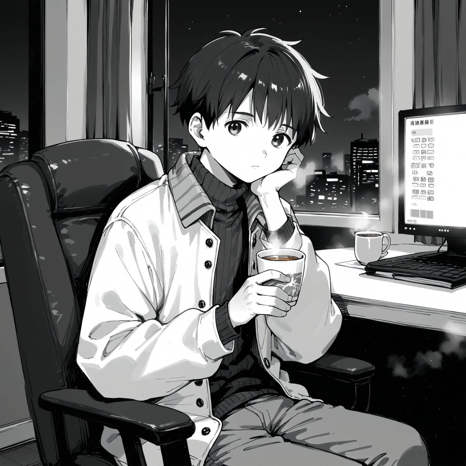 score_9, score_8_up, source_anime, monochrome, greyscale, 1boy, short hair, jacket, office, science fiction, sitting on chair, monitor, thinking, turtleneck, night, solo, window, [[holding cup, tea, steam]], looking at viewer, <lora:Yutaka-Tanaka-Style:0.8>