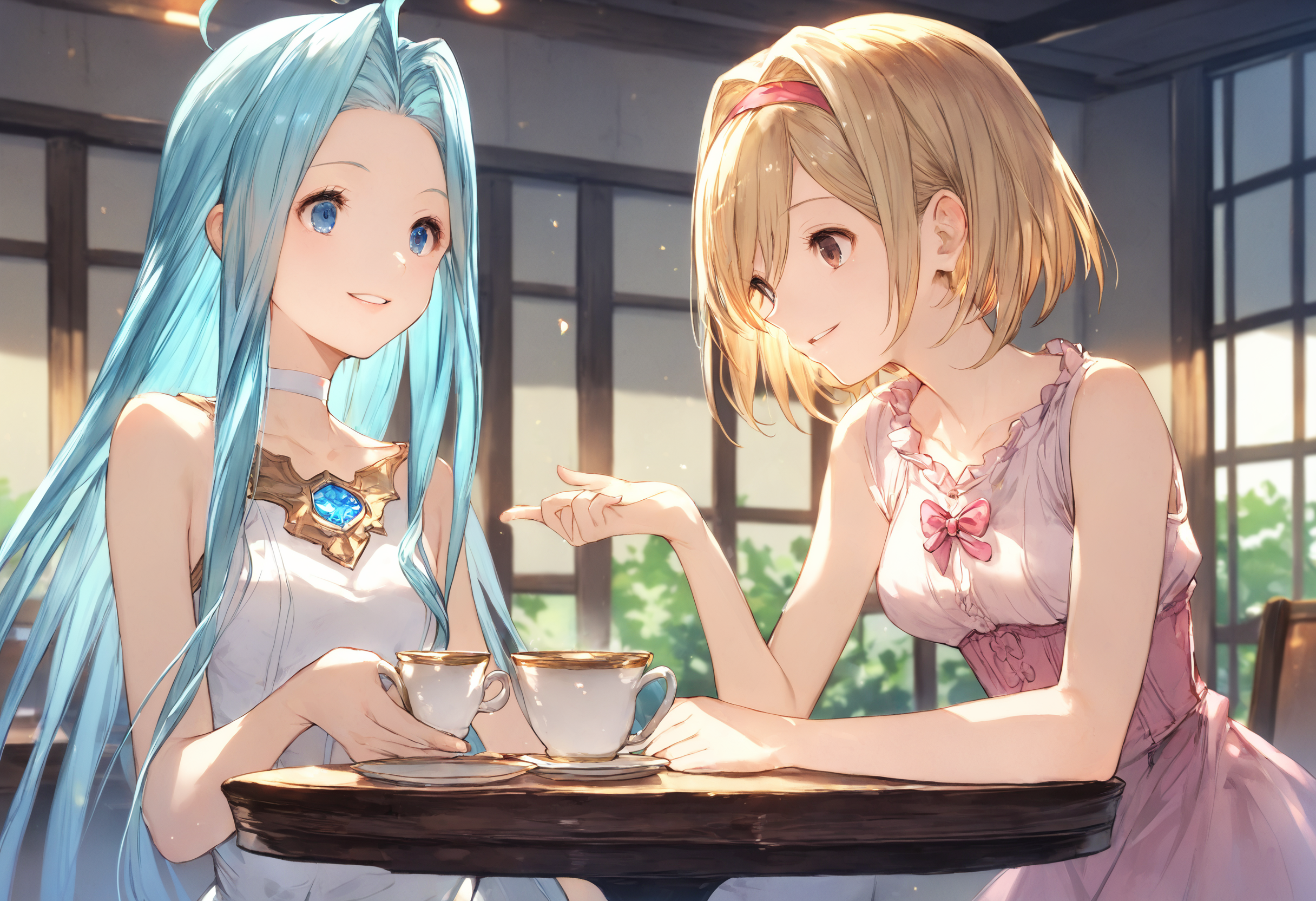 score_9, score_8_up, score_7_up,score_6_up, source_anime, best quality, aesthetic, absurdres, anime,
dining room, dining table, looking at another,
2girls, yuri, (happy smile:1.3), (teacup:1.1), parted lips, (clear eyes:1.2),
lyria \(granblue fantasy\), very long hair, blue hair, (body_slim:1.1), small breasts, (choker:0.7), white cami-dress, bare shoulders, (strapless:0.5), blue gem,
BREAK
djeeta \(granblue fantasy\), blonde hair, short hair, (hairband:0.5), pink blouse, short short sleeves, smile, medium breasts, 
<lora:JitaRuri-Pony:0.8> jitaruri,  <lora:IshikePony:0.3>