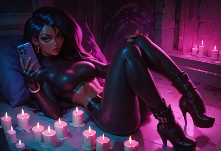 score_9, score_8_up, score_7_up, score_6_up, g0thicPXL, glowing, neon, Yori (Kim Possible), 1woman, 22 years old, ninja outfit, pants, black hair, black eyes, dark-skinned female, high heels, attic, midriff, lying on floor, dark night, candles, ninja weapons, looking at viewer, sensual, selfie, wet skin, sweat, perfect face, perfect eyes, wet skin, sweat,