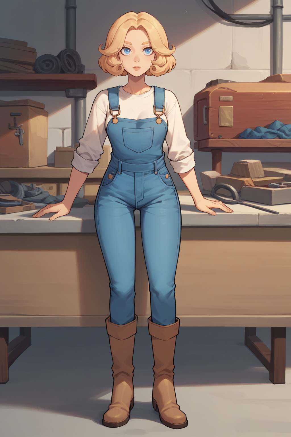 score_9, score_8_up, <lora:NSPhyllisPortia:1> NSPhyllisPortia, 1girl, solo, blonde hair, medium hair, blue eyes, denim, overalls, knee-high boots, workshop