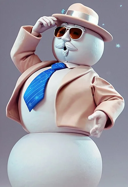 (score_9, score_8, score_7), masterwork, masterpiece, best quality,, elfsnm, cartoon snowman, two round snowball body, white face, black mustache and goatee, wearing beige jacket and hat, blue necktie with white snowflakes, black sunglasses, holding black and white striped cane, vintage style character,dynamic pose, dynamic angle