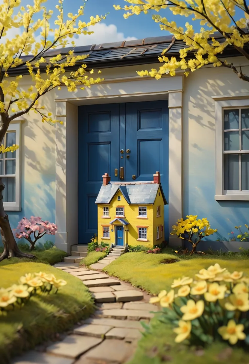 <lora:artfully_DIORAMA_SDXL_V1:1>, artdrm, ((diorama, shadow box)), union jack, house, blurry, cloudy sky, door, path, sunlight, nature, yellow flower, blue sky, solo, cherry blossoms, still life