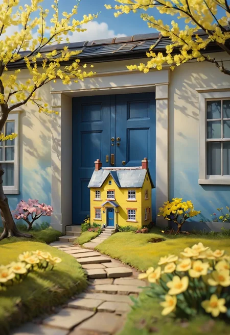 <lora:artfully_DIORAMA_SDXL_V1:1>, artdrm, ((diorama, shadow box)), union jack, house, blurry, cloudy sky, door, path, sunlight, nature, yellow flower, blue sky, solo, cherry blossoms, still life