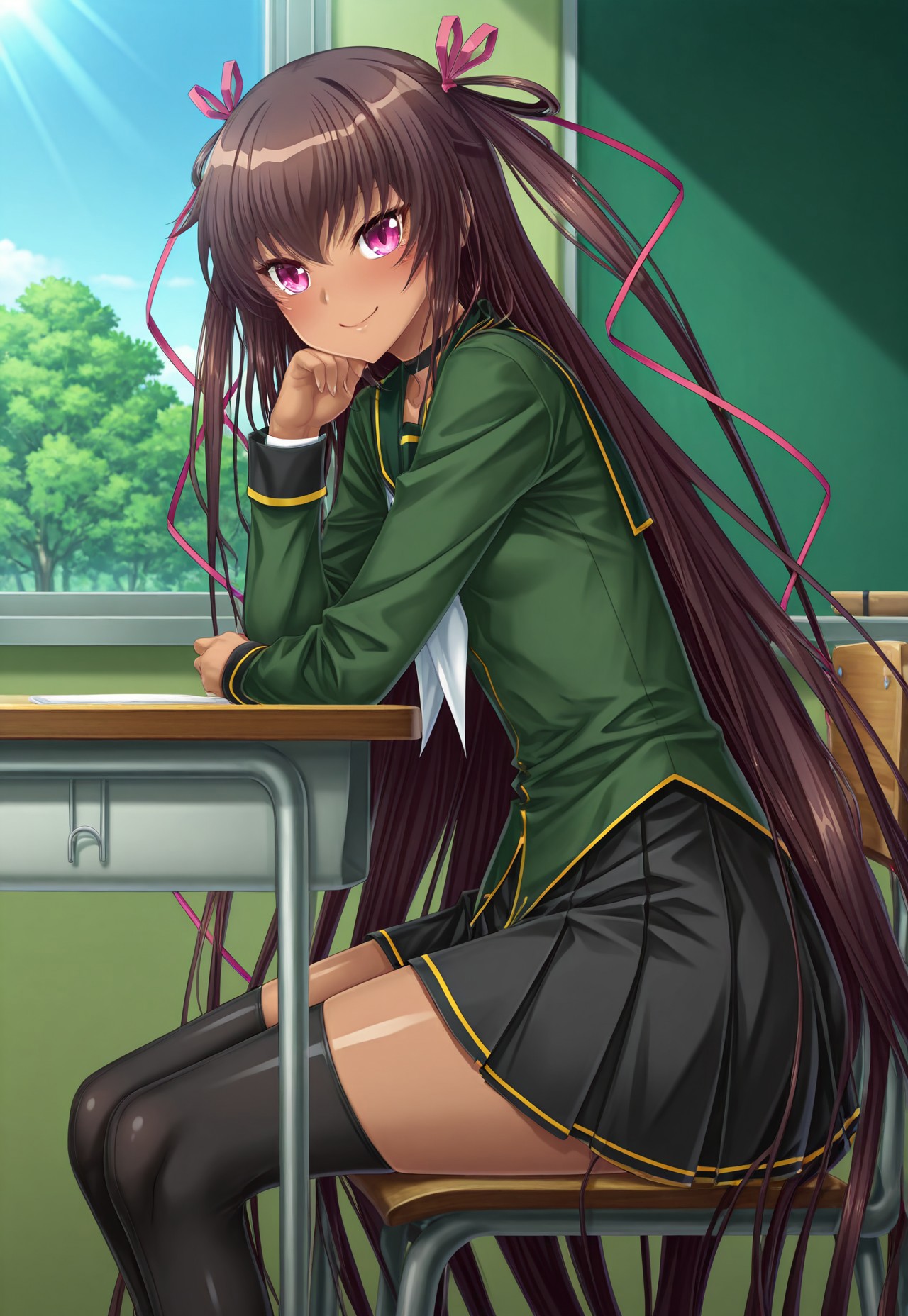 source_anime, taimanin \(series\), taimanin yukikaze, aoi nagisa \(metalder\), (masterpiece:1.3), best quality, ultra-detailed, official art, (visual novel style:1.4), anime CG, vibrant colors, soft shading, delicate linework, expressive eyes, detailed hair flow, dynamic lighting, intricate clothing folds, character accurate, game screenshot aesthetic, high contrast, slight rim light, from side,
break,
solo, alone, sexy, looking at viewer, desk, closed mouth, sitting, happy, smile, school, indoors, classroom, chair, windows, daytime, blue sky, trees, sunlight,
break,
[1girl, shiny skin, shiny clothes, dark skin, dark-skinned female, tan, tanline, mizuki yukikaze, pink eyes, slightly glossy lips, small breasts, very long hair, brown hair, two side up, twintails, hair ribbon, one-piece tan, beautiful delicate hands, slender fingers, perfect manicure, gosya school uniform, gosha academy school uniform, school uniform, long sleeves, black pleated skirt, green shirt, serafuku, white neckerchief, black thighhighs, black choker],