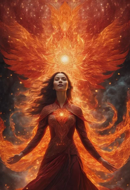 Fantasy, mesmerizing design, ascending spirit woman, spirit being's arms spread out, red body, transparent radiant light on her body, fire flame at the end of each arm, beautiful fire flowers around the perimeter