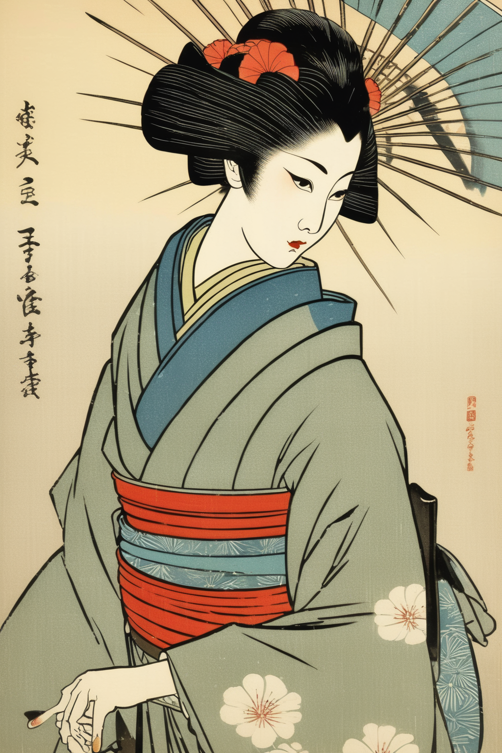 <lora:Ohara Koson Style:1>Ohara Koson Style - ukiyo-e woodblock print of a geisha girl in fine detail and sharp focussed edges