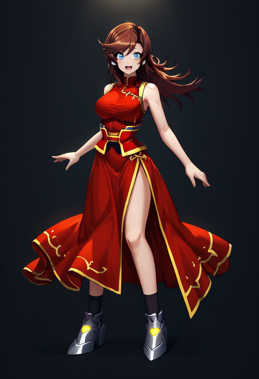 score_9, score_8_up, score_7_up, source_anime, good anatomy, 1girl, solo, MiinaWeltkatze, auburn hair, long hair, swept bang, blue eyes, red dress with yellow trim, side slit, red corset with yellow trim, bare shoulders, black socks, metal shoes, standing, floating, smiling, fluttering dress, open mouth