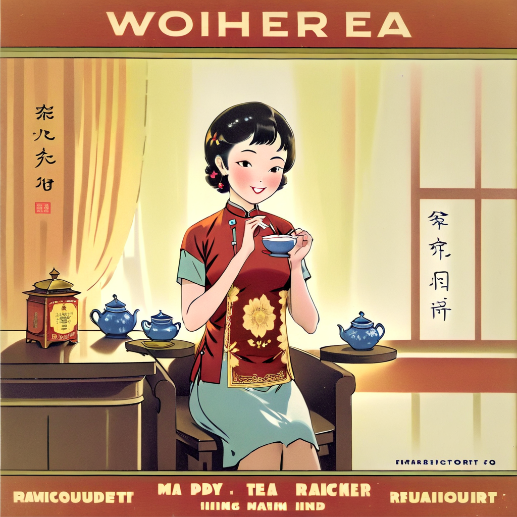 Visualize a classic and elegant product poster. The primary subject is an Asian woman, dressed in a traditional qipao, radiating grace and beauty. Her smile is gentle and inviting. She is seated comfortably on an ornate wooden chair, and the frame captures her from the waist up. The indoor setting boasts subtle sophistication: a polished wooden table stands nearby with a delicate porcelain teapot and cup, presumably filled with the advertised tea. Light filters softly through a window in the background, casting a warm glow over the scene, hinting at a serene afternoon. A gentle breeze ruffles sheer curtains, adding movement and life to the composition. Across the top or bottom of the image, in elegant script font, the words 'Oriental Beauty Tea' are inscribed,<lora:oldhkstyle:0.8>